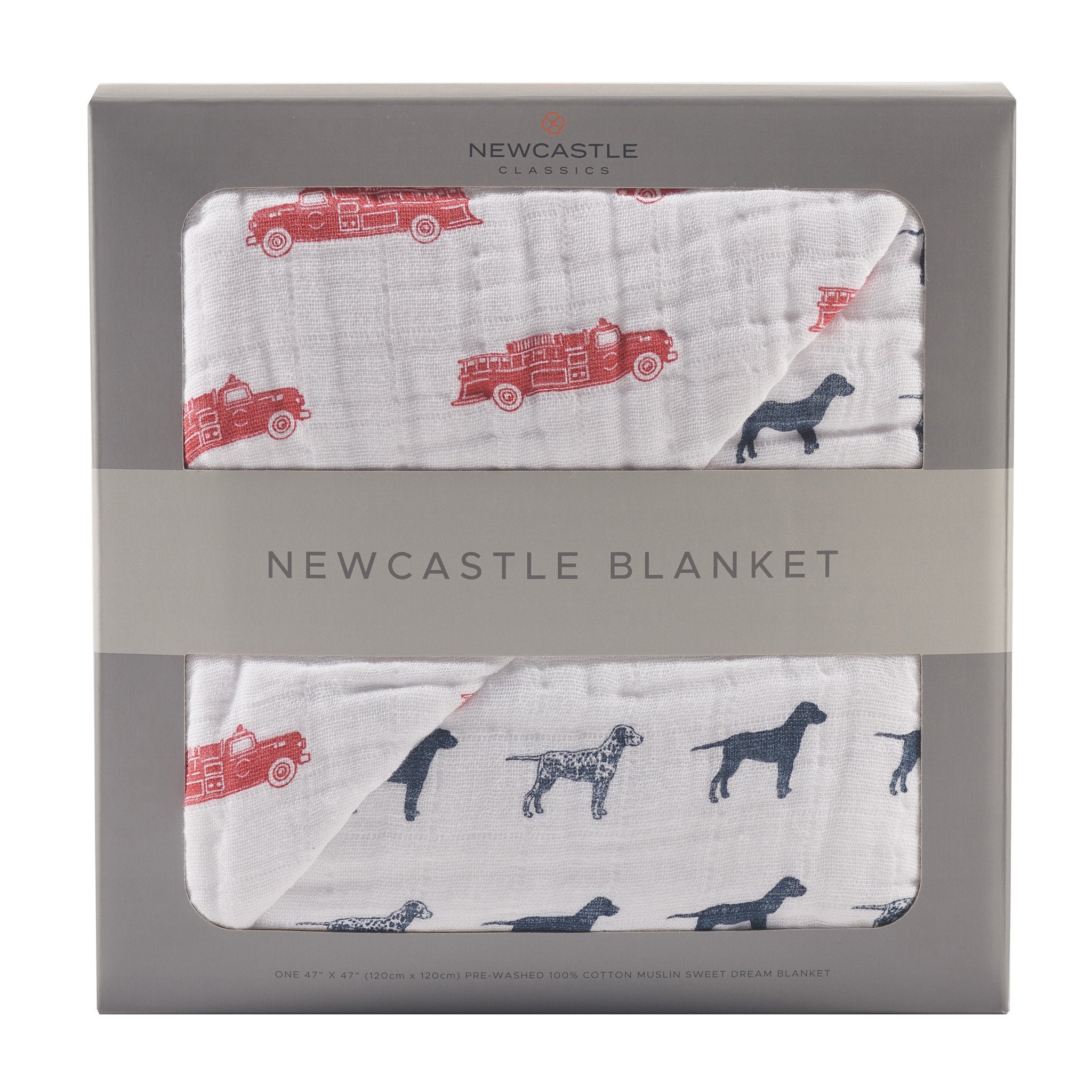 SKU699_FIRE_TRUCK_DALMATIONS_NEWCASTLE_BLANKET_COTTON_IMAGE1_LR.jpg Fire Truck and Dalmatian Cotton Muslin Newcastle Blanket - Image 1