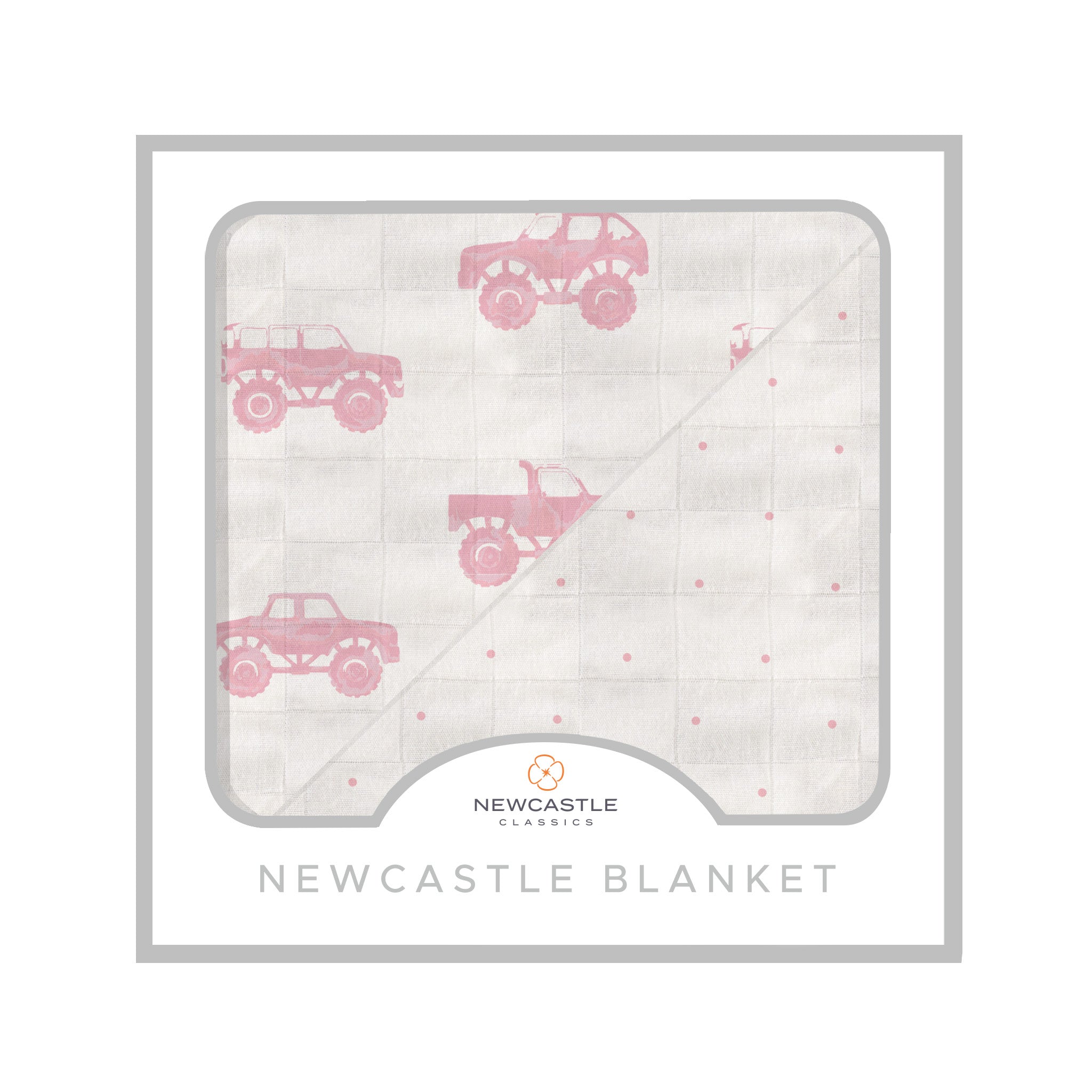 SKU_3045_01.jpg Pink Monster Trucks & Pink Polka Dot Bamboo Newcastle Blanket - Image 1