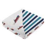 Vintage Steam Trains and Blue Stripe Bamboo Muslin Newcastle Blanket - Image 2